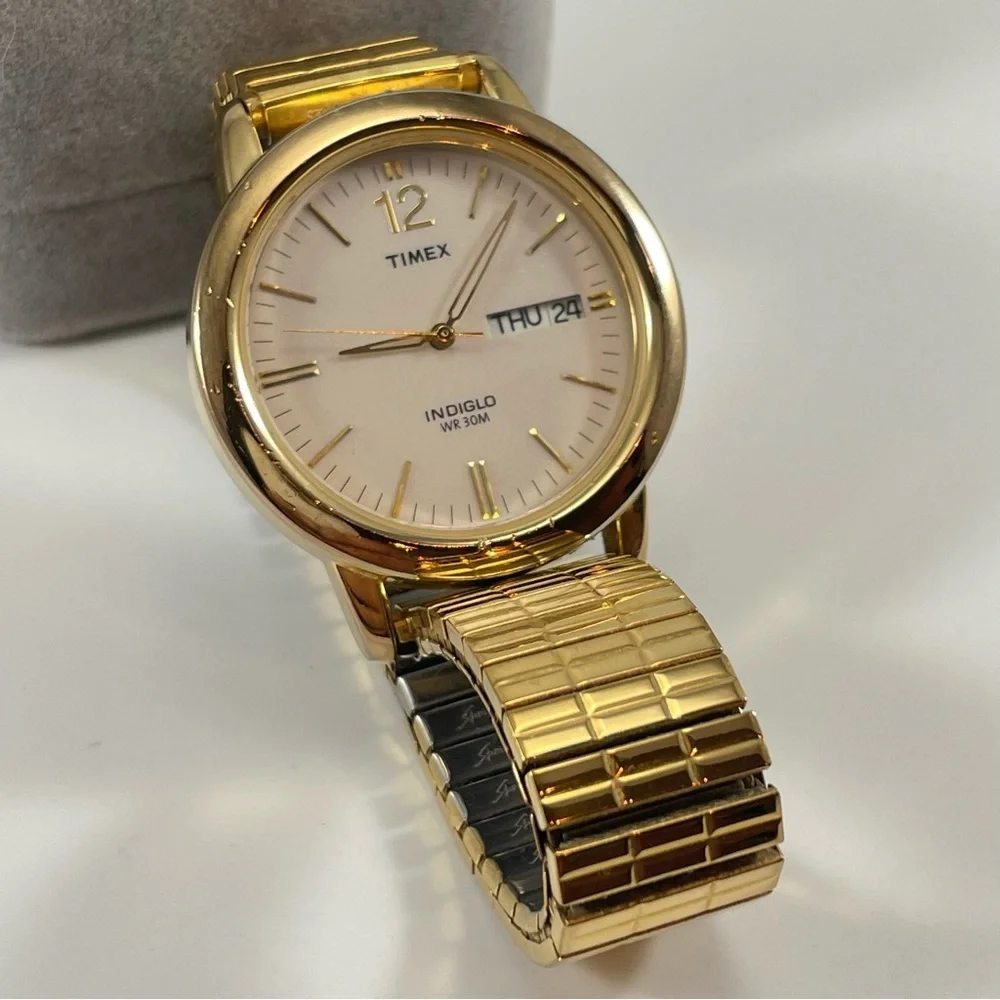 Timex Indiglo Gold / White Face Day/Date Watch WR30M